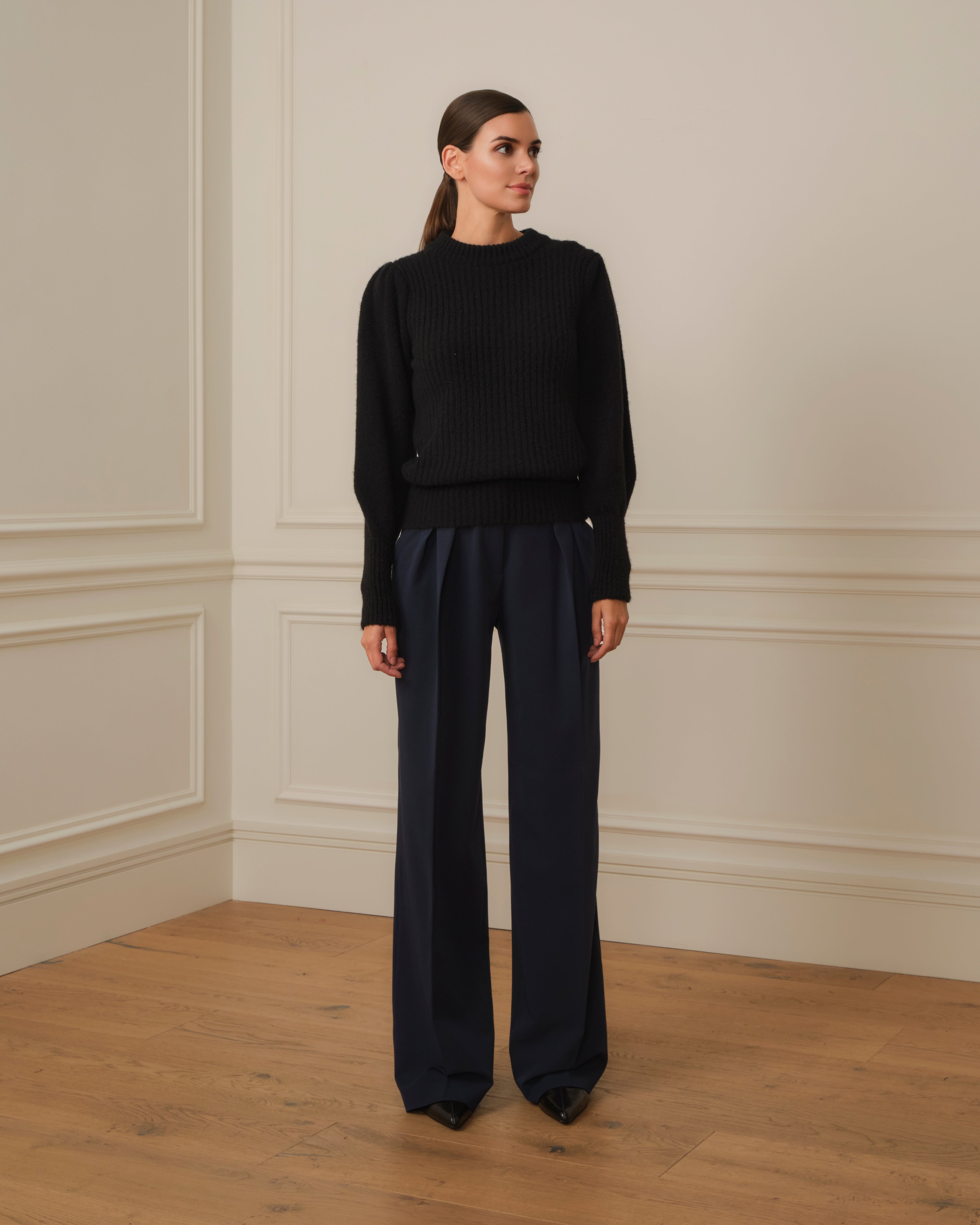 SUÉTER DE PUNTO CON MANGA ABULLONADA FRUNCIDA NEGRO