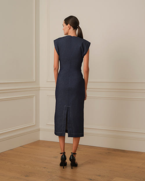 VESTIDO MIDI DRAPEADO DENIM