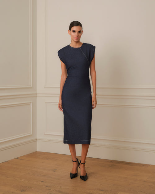 VESTIDO MIDI DRAPEADO DENIM