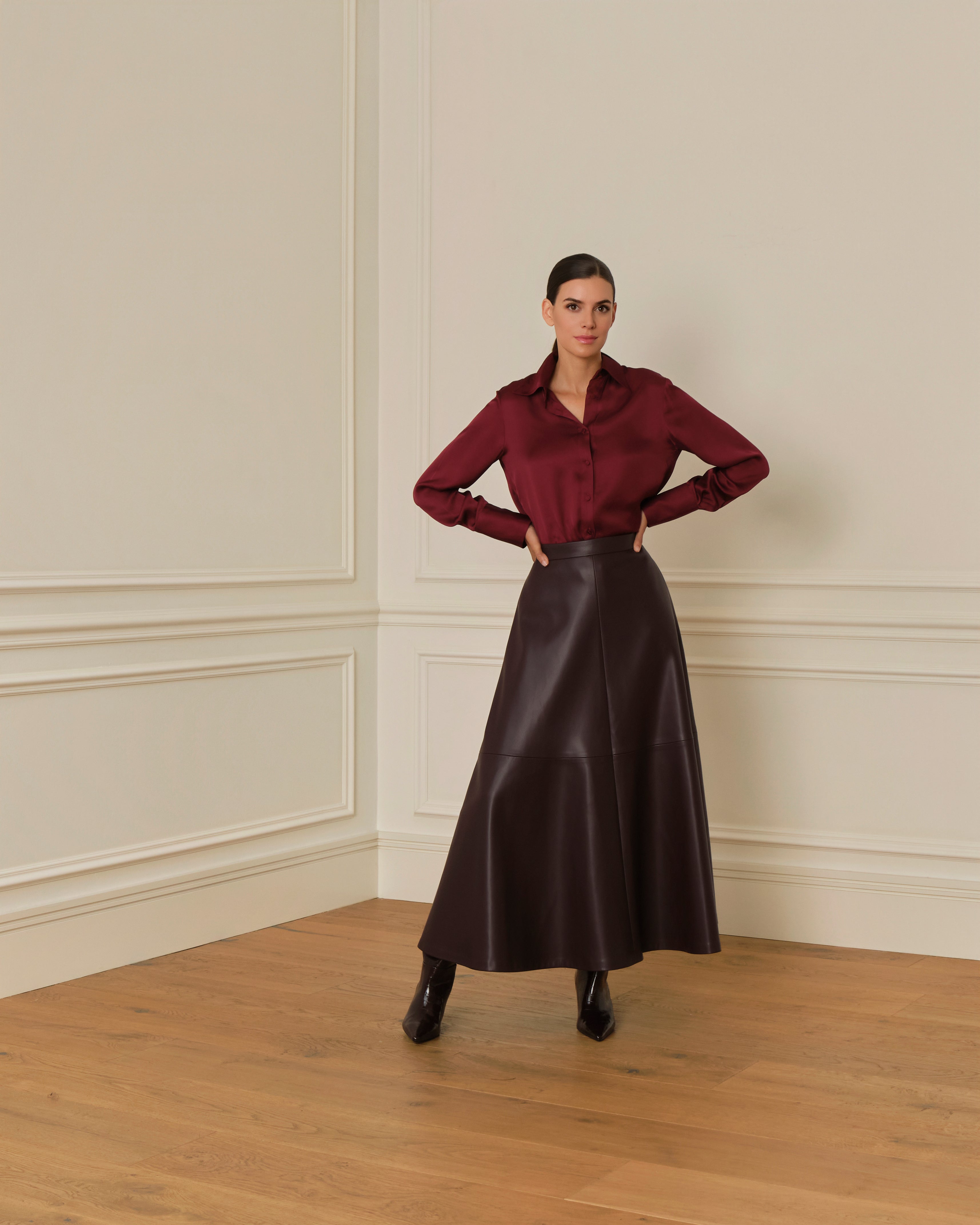PRE-ORDER FALDA MIDI EFECTO PIEL GRANATE