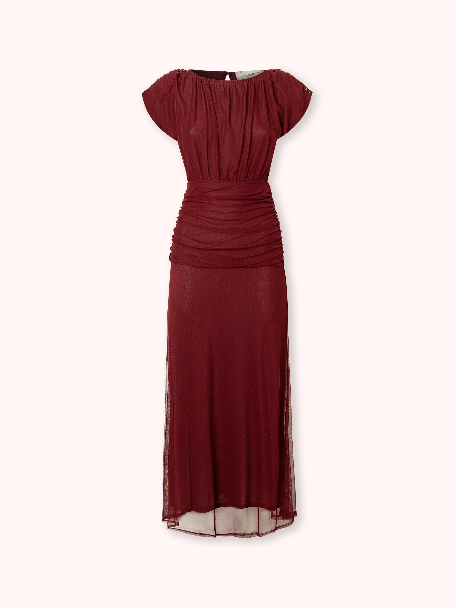 VESTIDO LARGO DRAPEADO HOMBRERAS GRANATE