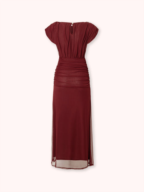 VESTIDO LARGO DRAPEADO HOMBRERAS GRANATE