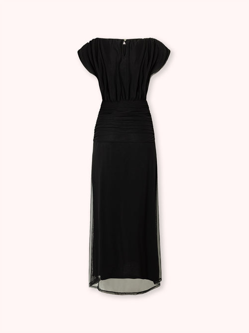 VESTIDO LARGO DRAPEADO HOMBRERAS NEGRO
