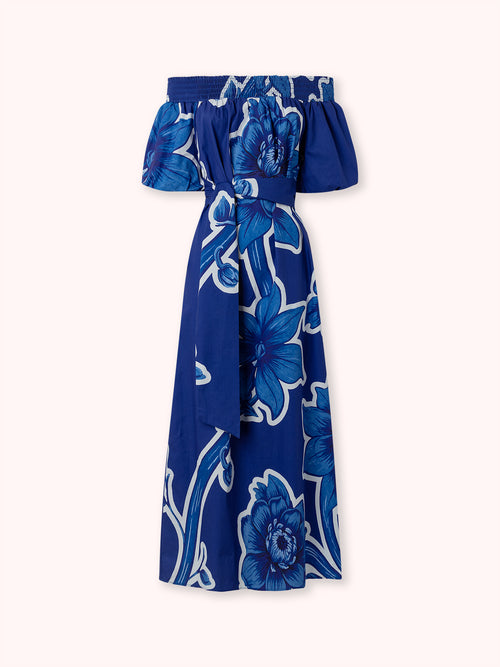 VESTIDO MIDI ESTAMPADO OFF SHOULDER AZUL