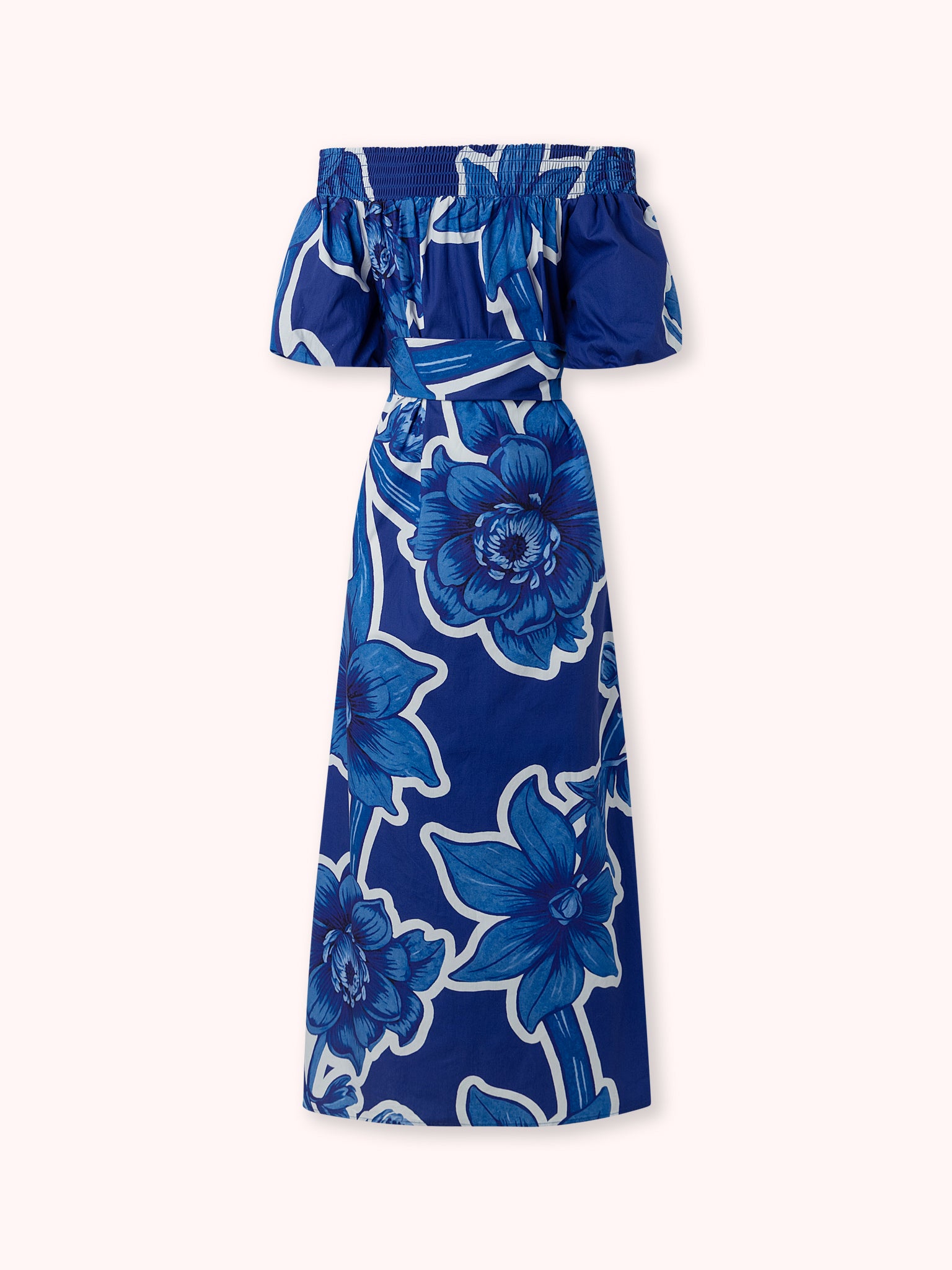 VESTIDO MIDI ESTAMPADO OFF SHOULDER AZUL