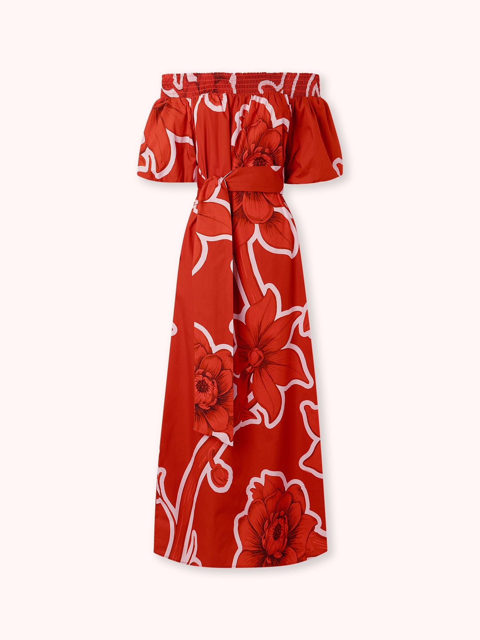 VESTIDO MIDI ESTAMPADO OFF SHOULDER ROJO