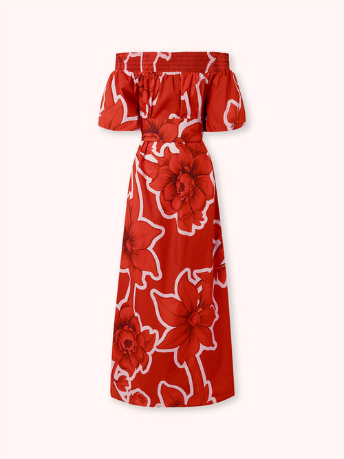 VESTIDO MIDI ESTAMPADO OFF SHOULDER ROJO